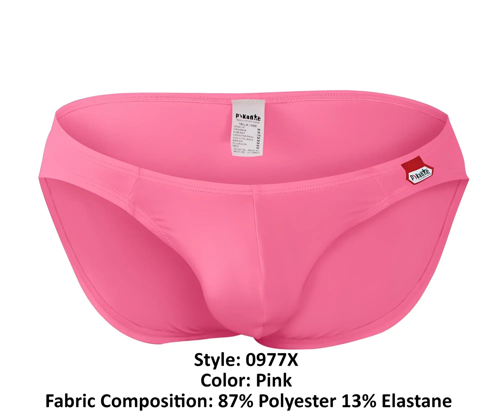 Bright pink pikante PIK 0977X Angola bikini men’s swim trunks with sleek form-fitting design and small red logo on side