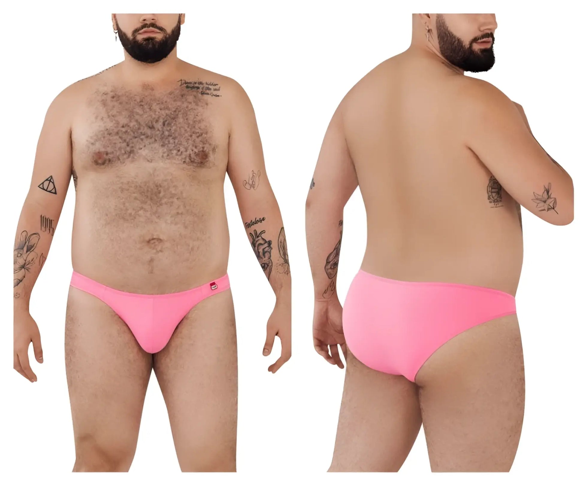 Bright pink smooth textured mens briefs with a small red logo on the waistband by Pikante PIK 0977X Angola Bikini