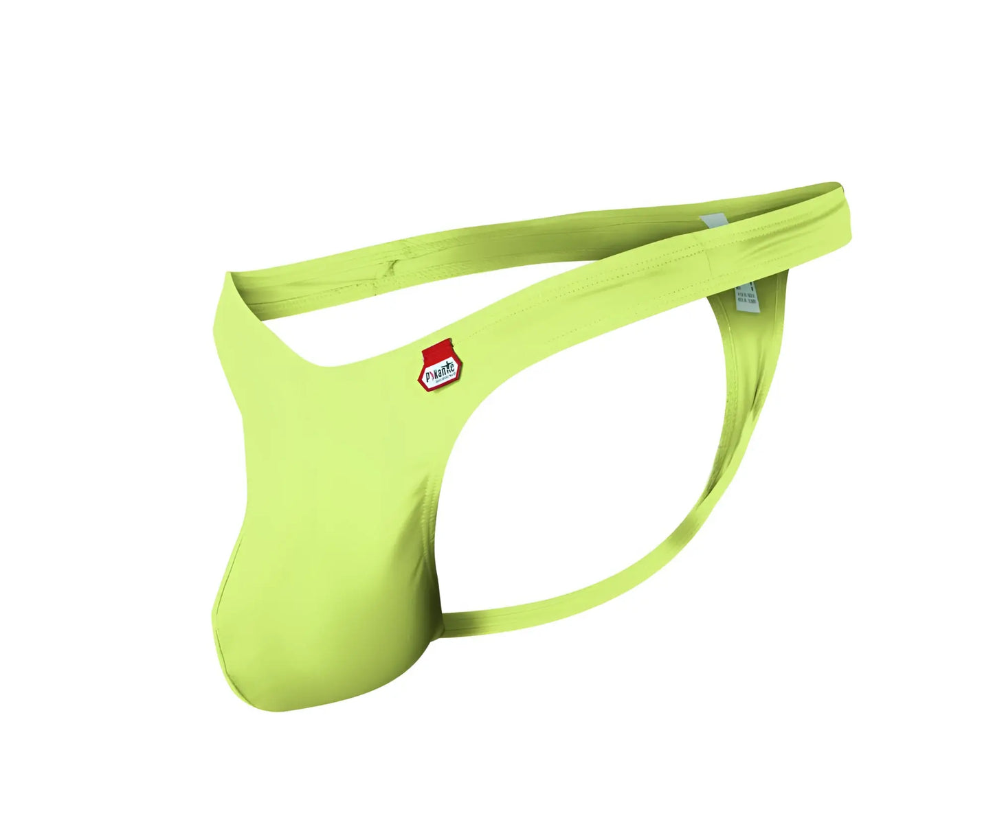 Vibrant lime green pikante angola men’s thong with red and white logo patch on the hipband shown from the back side