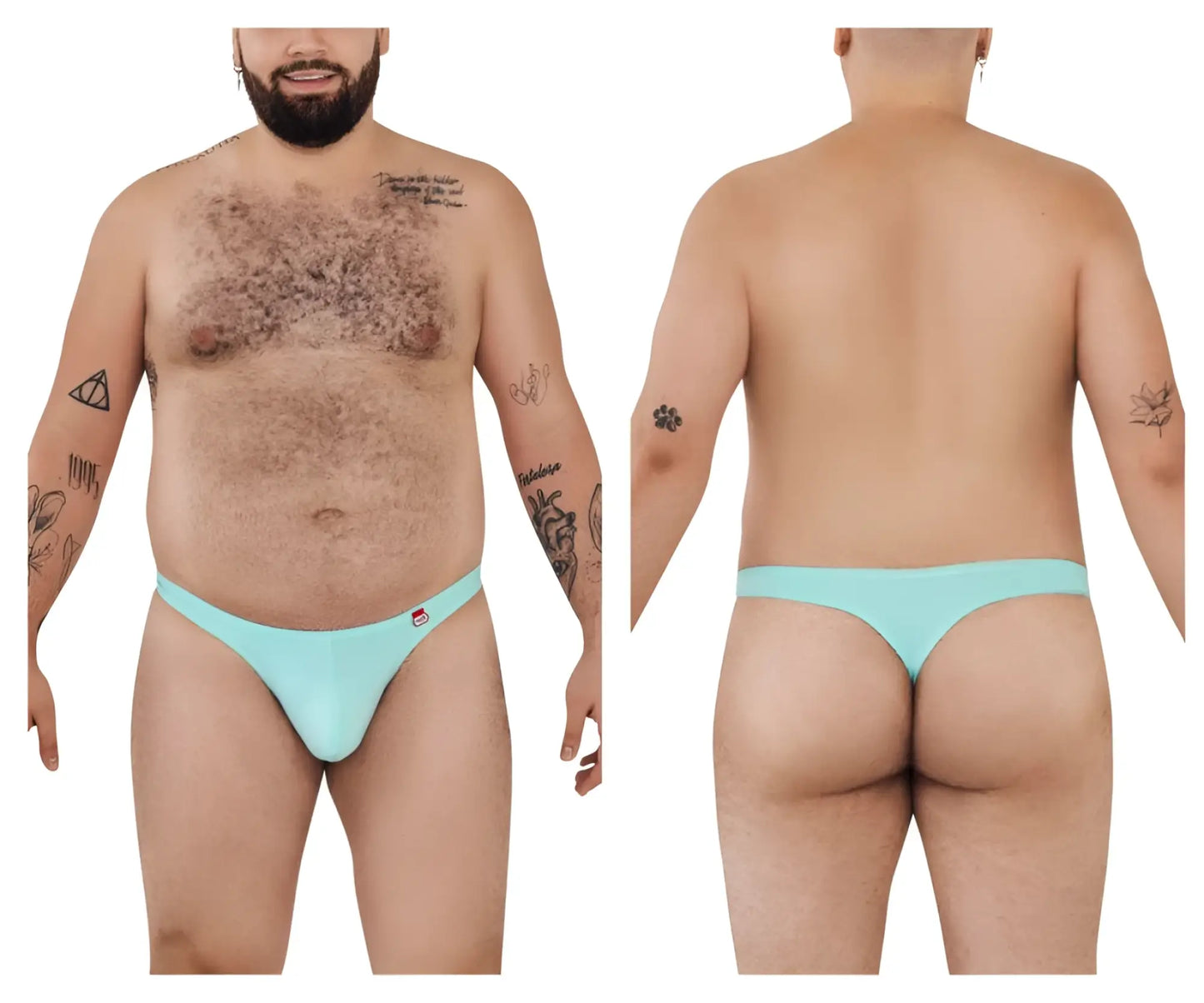 Light blue Pikante Angola thong with small red logo on left hipband shown from the back side