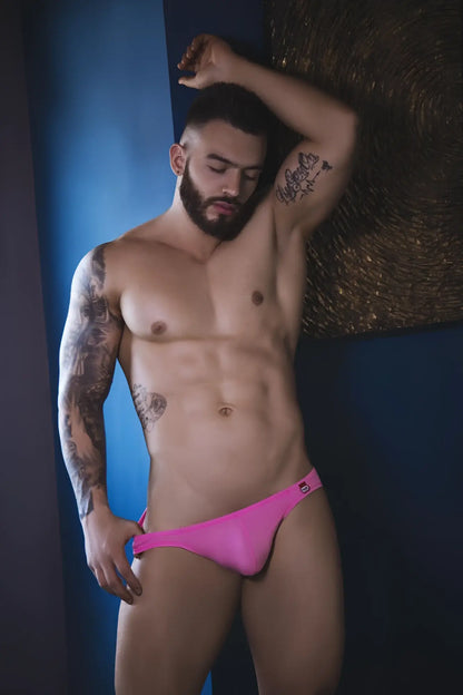 Bright pink Pikante PIK 0979 Angola jockstrap briefs with a small black logo on the side for athletic use