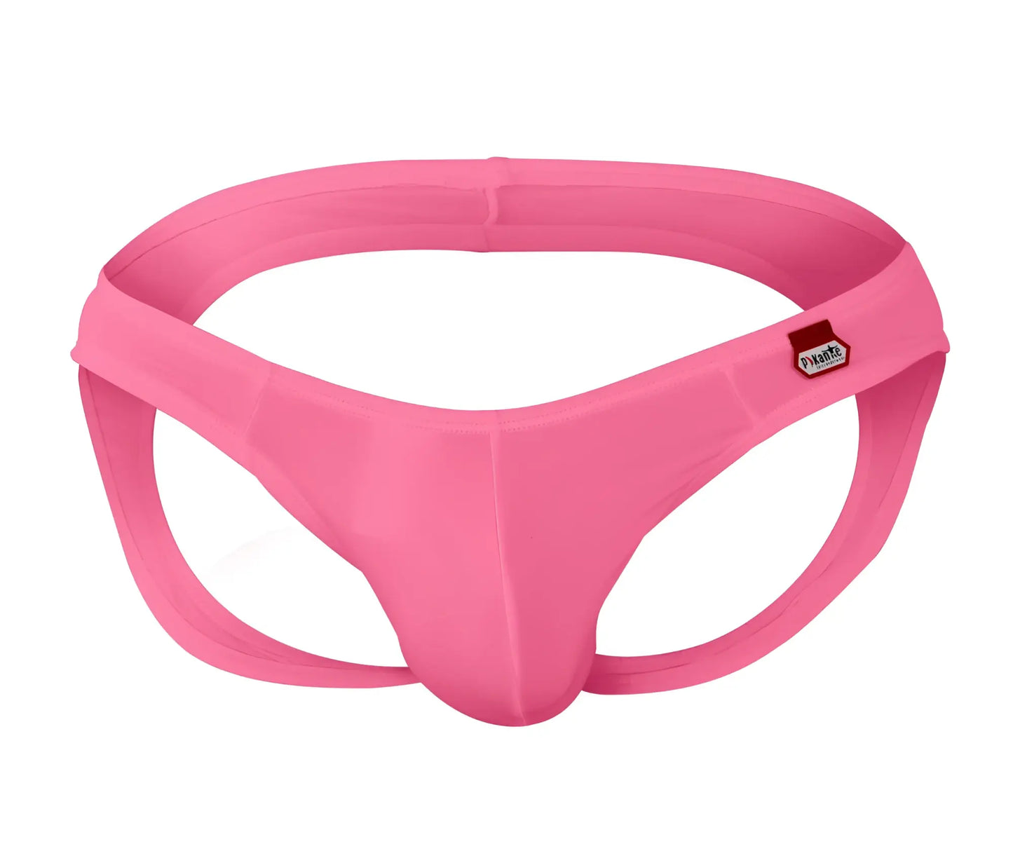 Pink glossy nylon thong with red and white Pikante brand tag on waistband from PIK 0979 Angola jockstrap collection