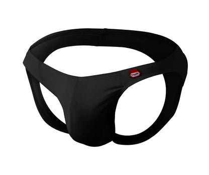 Black pikante pik 0979x angola jockstrap briefs with smooth form-fitting fabric and small red logo on the side