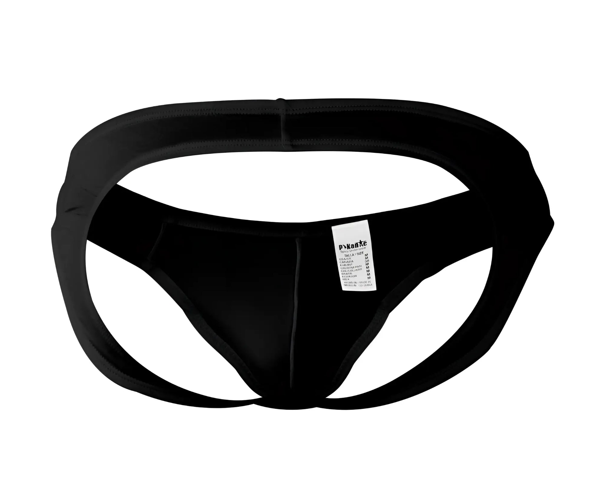 Black seamless form-fitting pikante pik 0979x angola jockstrap briefs with smooth fabric and small white label on back view