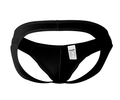 Black seamless form-fitting pikante pik 0979x angola jockstrap briefs with smooth fabric and small white label on back view