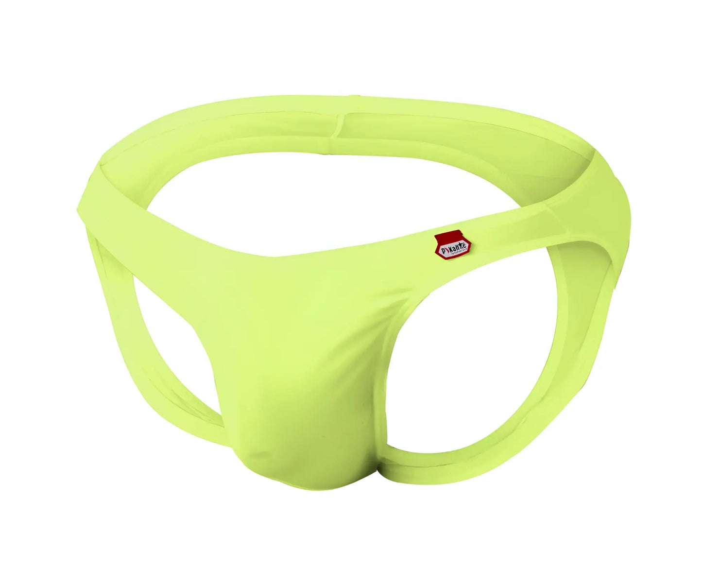 Bright lime green seamless fabric briefs with a small red and white logo from pikante angola jockstrap collection