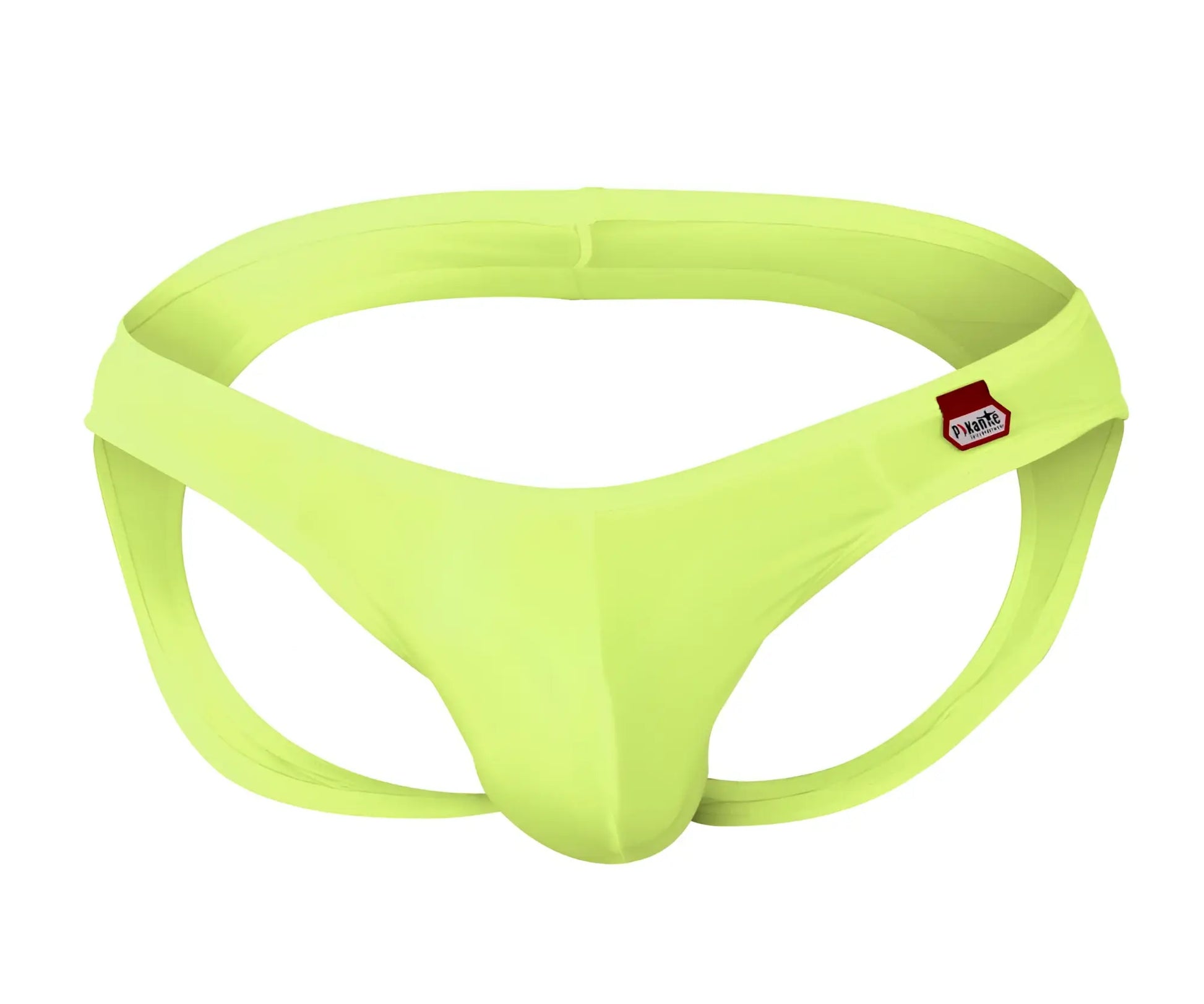 Bright lime green seamless fabric briefs with red and white Pikante brand tag on waistband in Angola jockstrap style