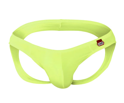 Bright lime green seamless fabric briefs with red and white Pikante brand tag on waistband in Angola jockstrap style