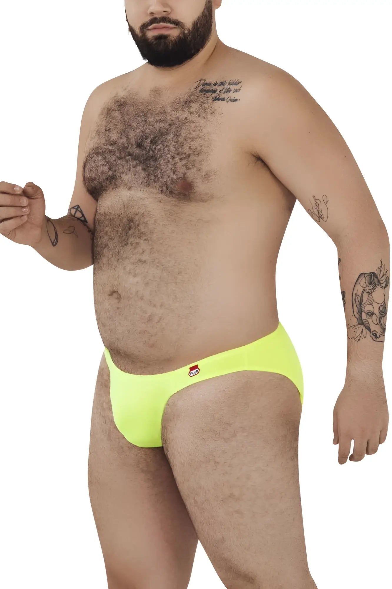 Bright neon yellow briefs with red and white logo on left hip from pikante pik 0979x angola jockstrap green series