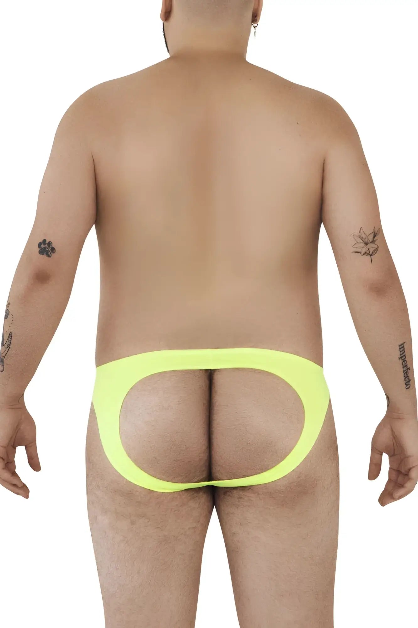 Neon yellow pikante pik 0979x angola jockstrap with cutout design in green shown from the back side