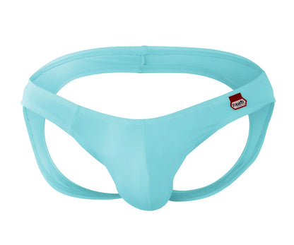 Light blue satin-like pikante angola jockstrap thong with a red and white brand tag on the side