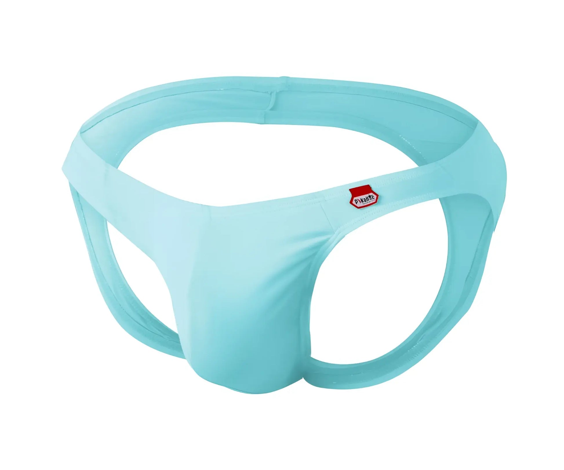 Light blue seamless fabric briefs with a red and white Pikante logo on the side for comfortable support