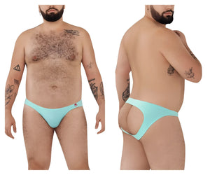Back view of light blue pikante PIK 0979X angola jockstrap thong with cutout and red logo on left hipband