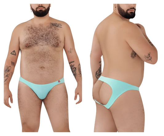 Back view of light blue pikante PIK 0979X angola jockstrap thong with cutout and red logo on left hipband