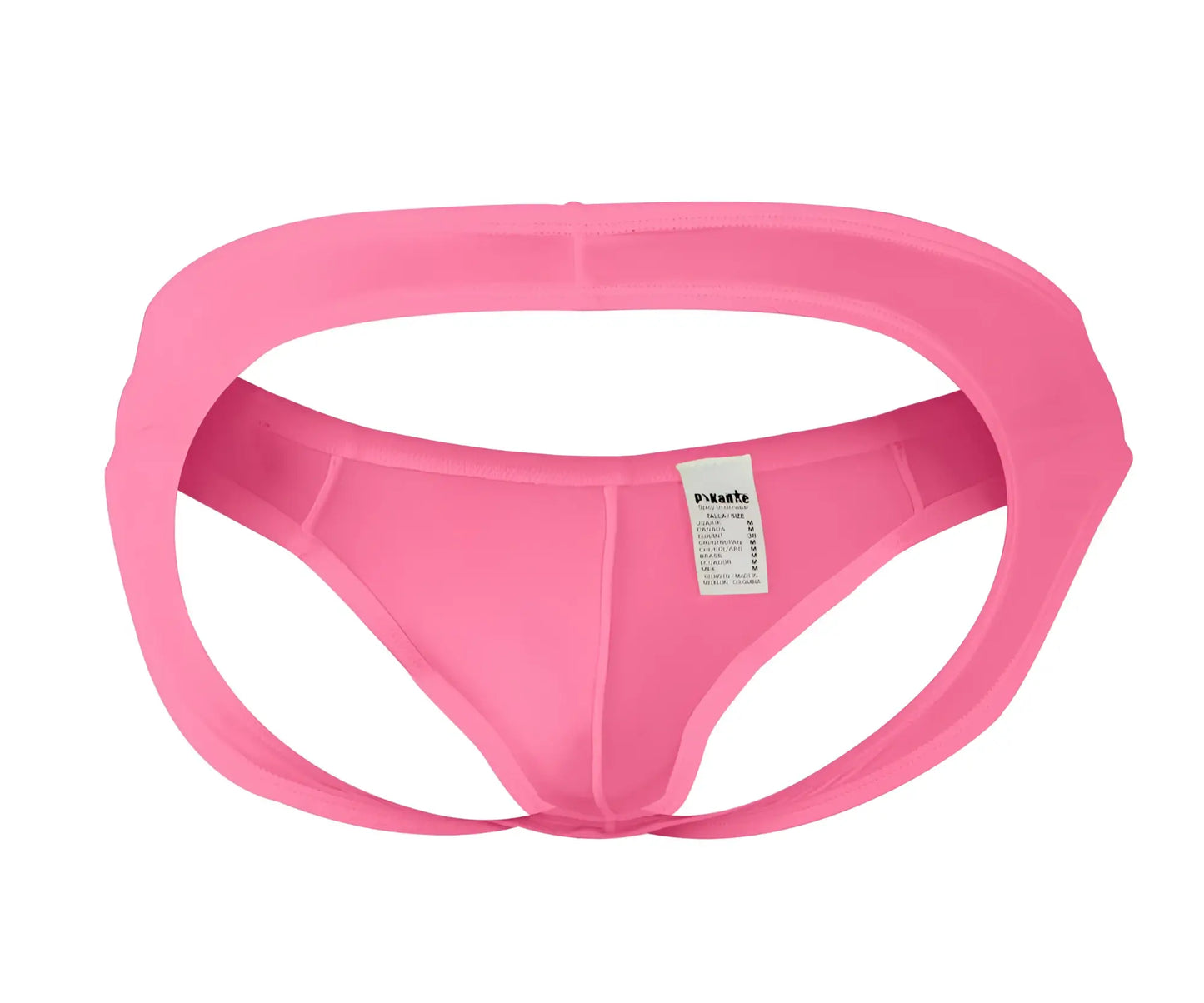 Bright pink pikante pik 0979x angola jockstrap back side with smooth stretchy material and small white label