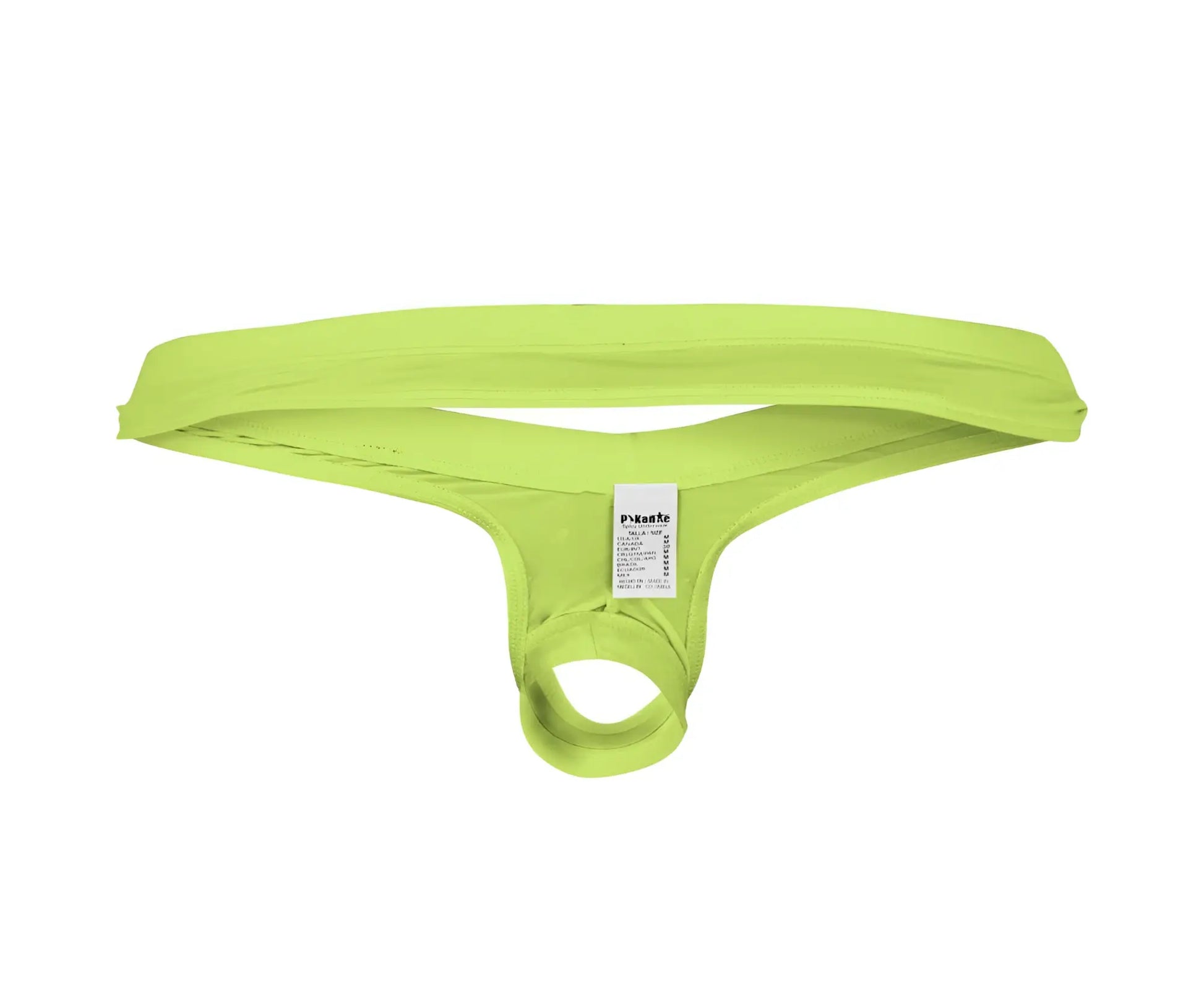 Bright lime green pikante angola ball lifter c-ring thong made of stretchy fabric with branded tag visible