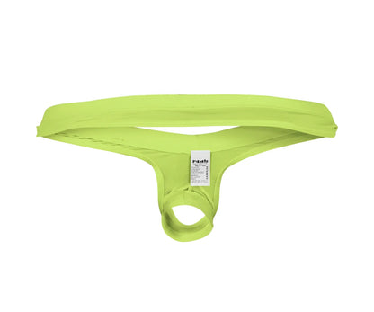 Bright lime green pikante angola ball lifter c-ring thong made of stretchy fabric with branded tag visible