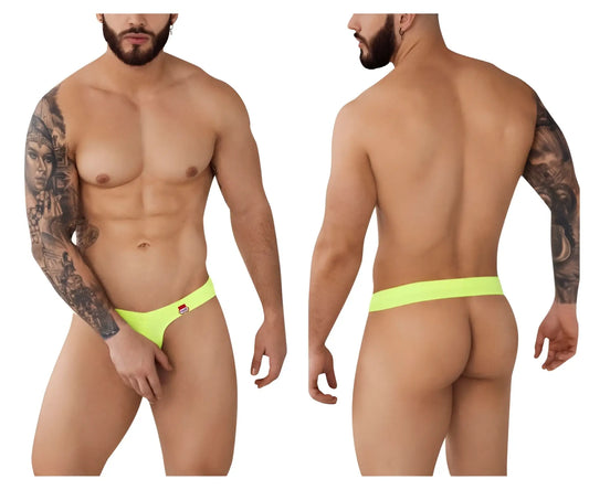 Neon green pikante angola ball lifter briefs with a c-ring and small red and white logo on the left hipband