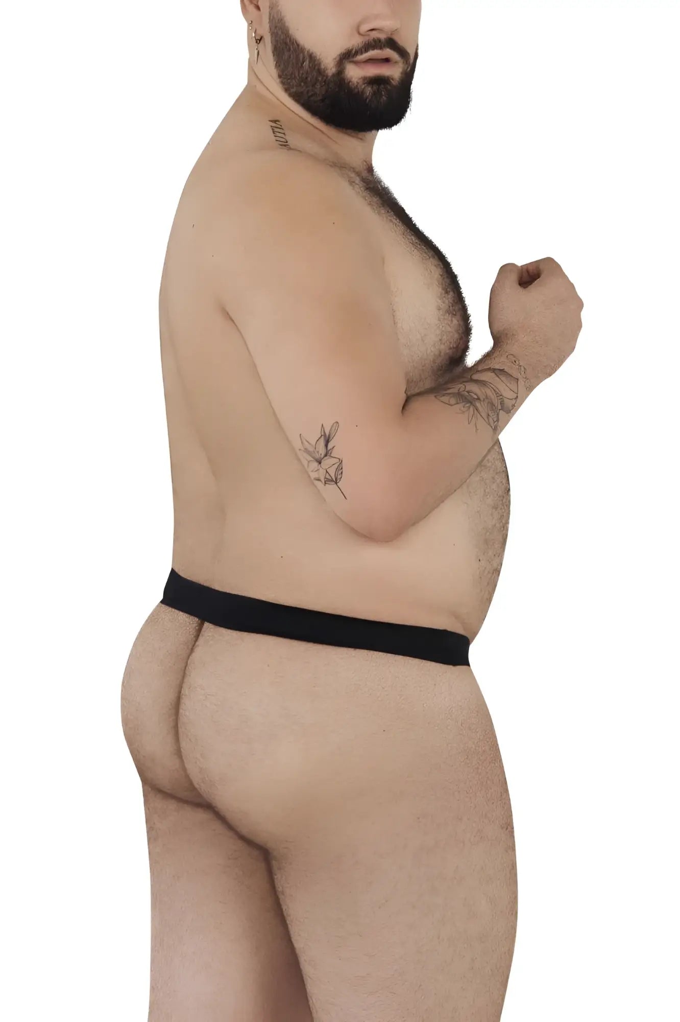 Black elastic waistband underwear with ball lifter c-ring by pikante in black shown from the back side