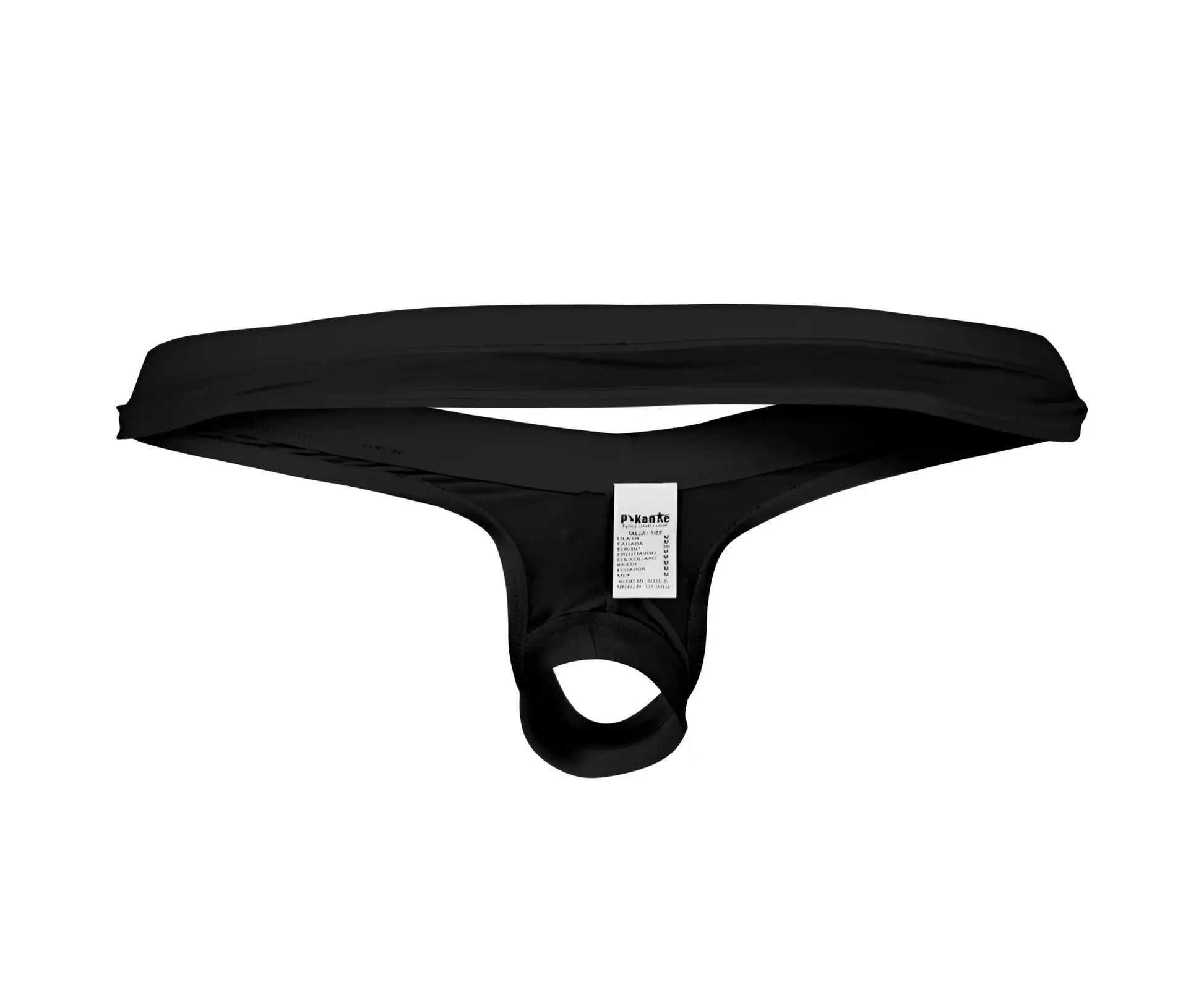 Black stretchy fabric thong with small white label on inner waistband from pikante pik 0980x angola ball lifter c-ring
