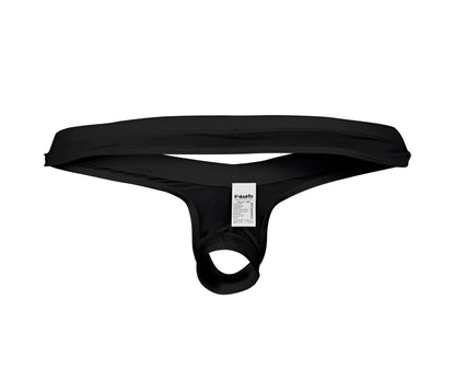 Black stretchy fabric thong with small white label on inner waistband from pikante pik 0980x angola ball lifter c-ring