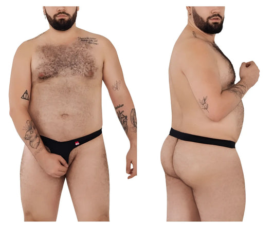 Black pikante pik 0980x angola ball lifter c-ring thong with small red logo on waistband shown from back side