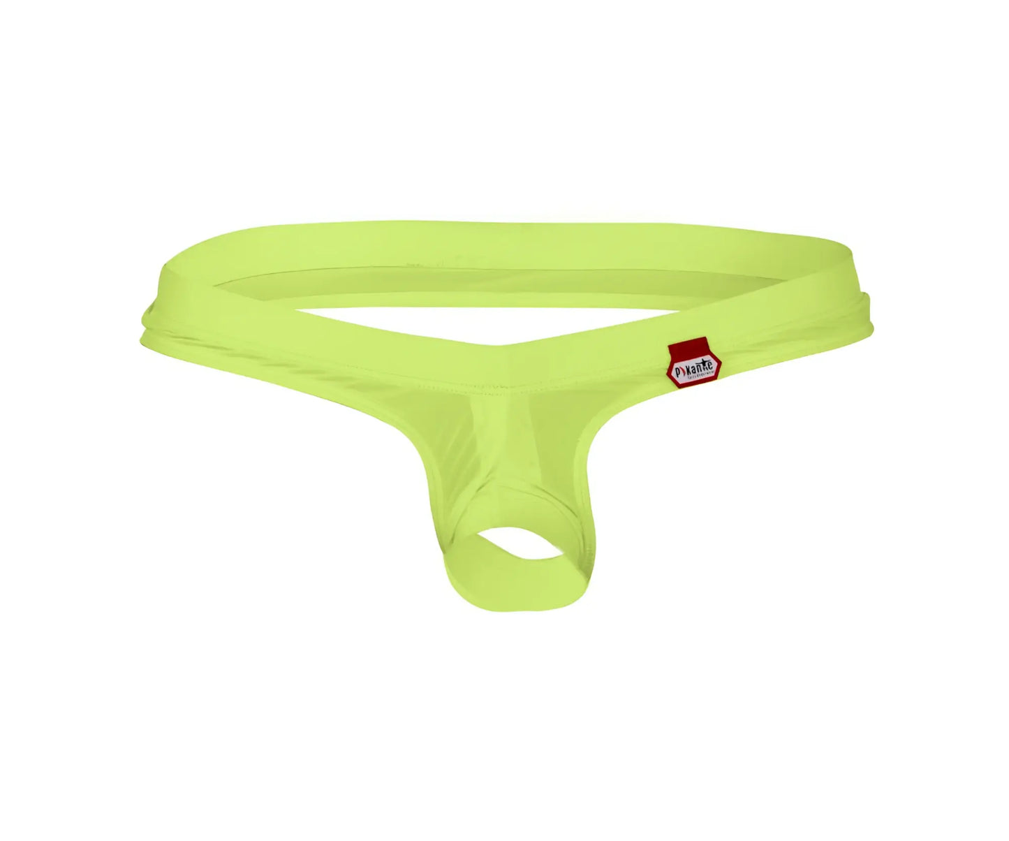 Bright lime green pikante Angola Ball Lifter C-ring men’s thong with red and white brand tag on waistband