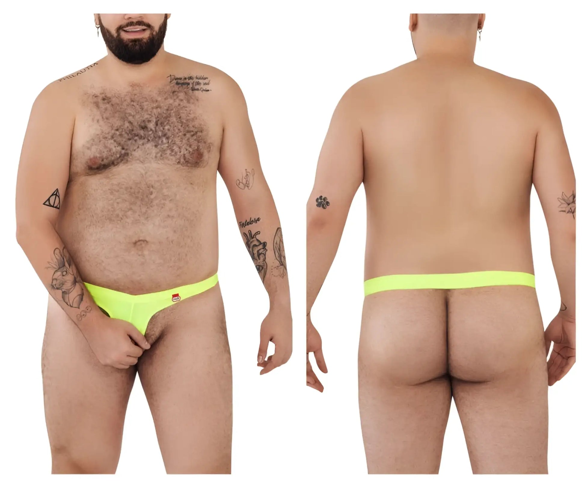 Bright neon green pikante Angola ball lifter c-ring thong with a small red and white logo on the front