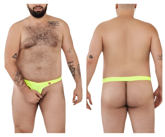 Bright neon green pikante Angola ball lifter c-ring thong with a small red and white logo on the front