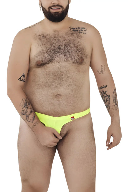 Neon yellow pikante PIK 0980X Angola ball lifter briefs with red logo on left hipband and green c-ring detail
