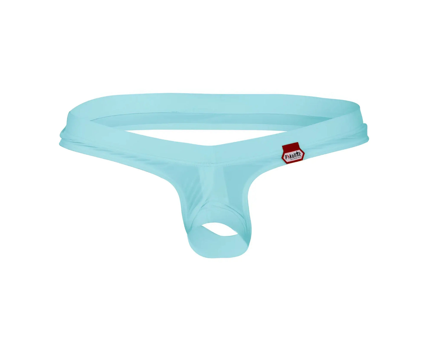 Light blue pikante angola ball lifter c-ring thong with red brand tag on waistband, front side view