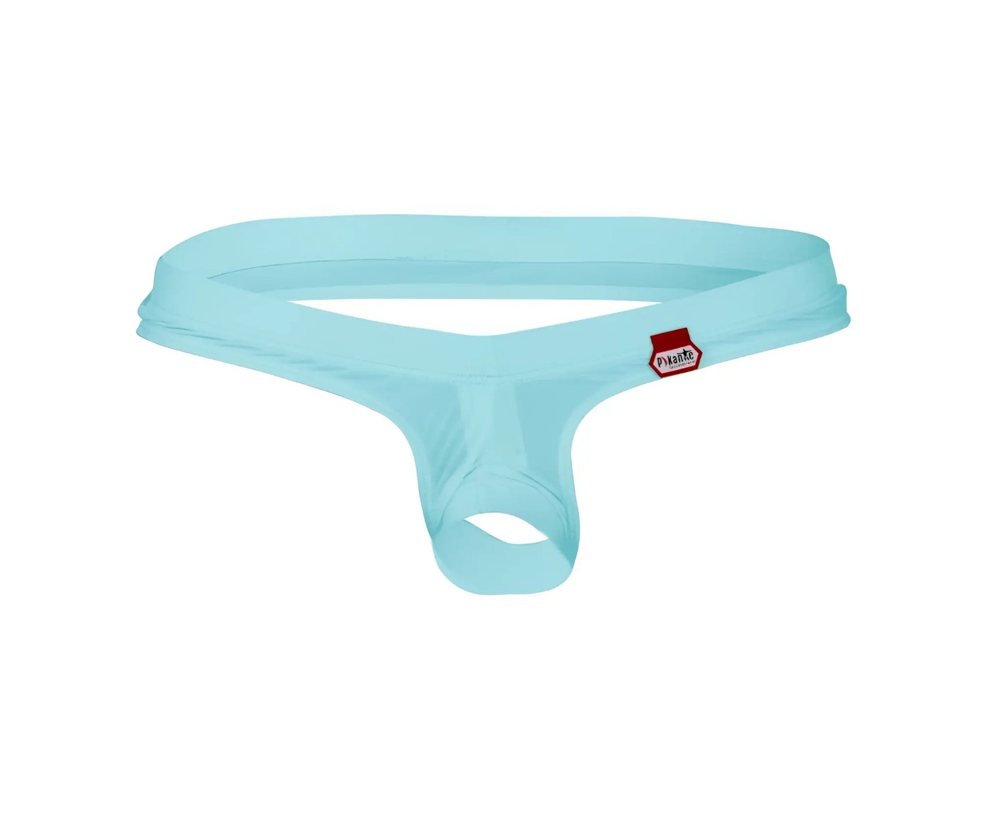 Light blue pikante angola ball lifter c-ring thong with red brand tag on waistband, front side view