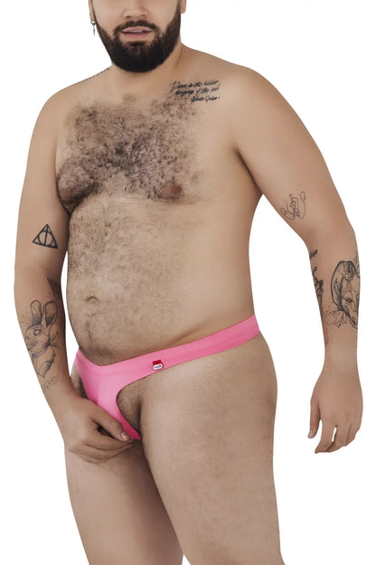 Bright pink pikante PIK 0980X angola ball lifter c-ring briefs with smooth texture and red and white logo on left hipband