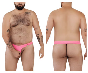 Bright pink snug-fitting thong with small red logo on left hipband pikante pisk 0980x angola ball lifter c-ring