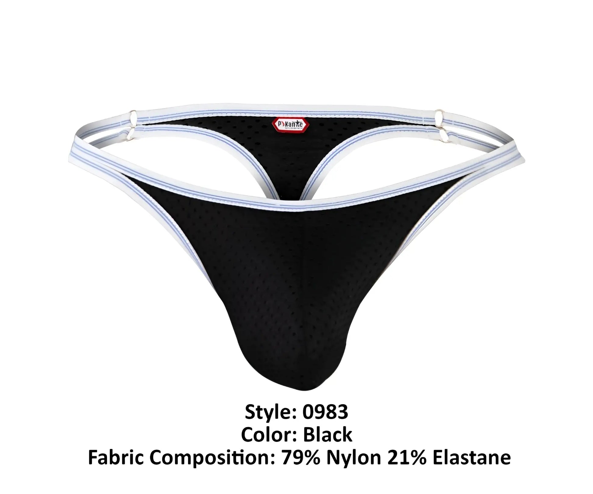 Black Pikante PIK 0983 Novo athletic thong with white trim perforated mesh fabric and pineapple brand label