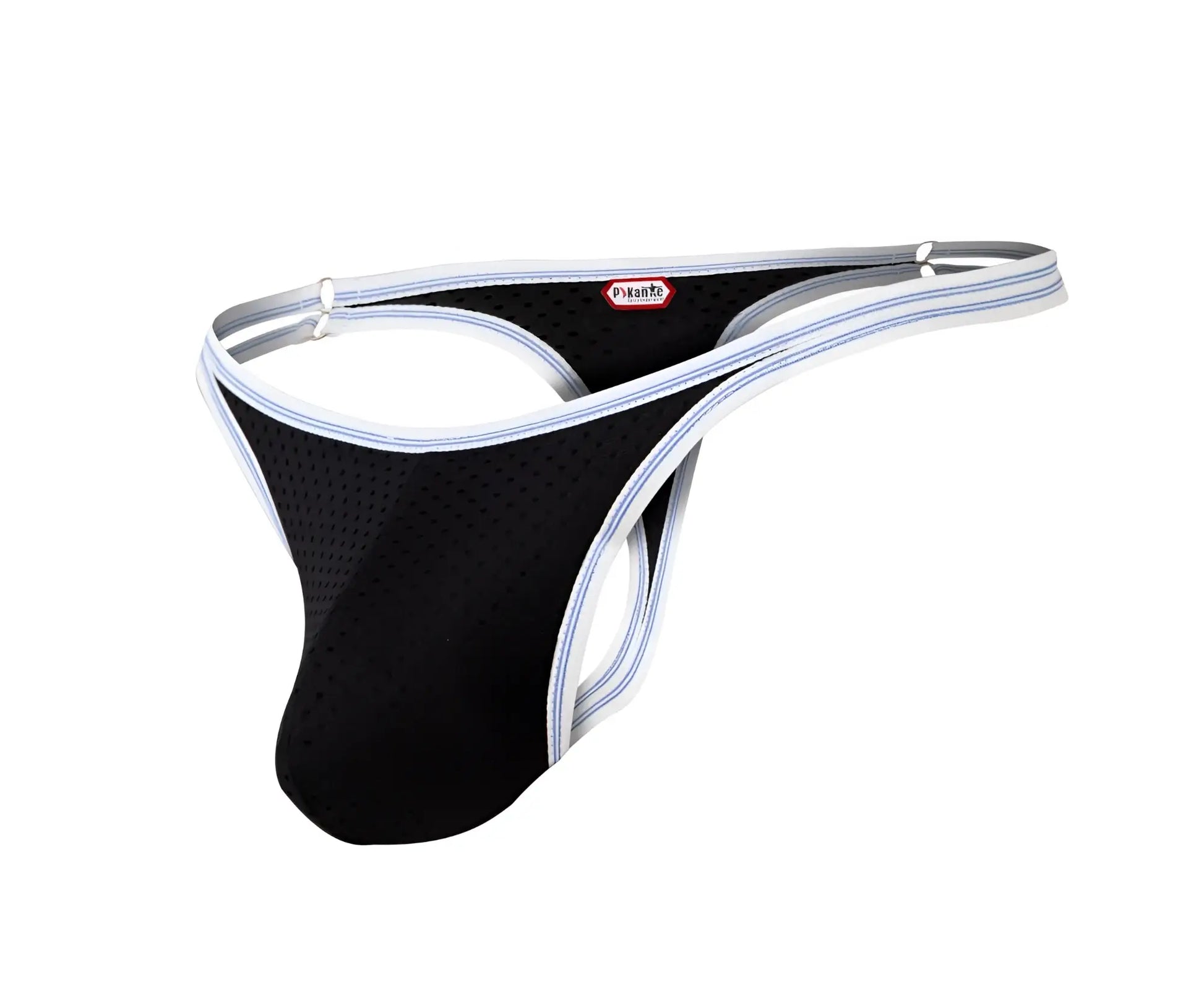 Black mesh Pikante PIK 0983 Novo thong with white and light blue striped trim and red dyknite label on waistband
