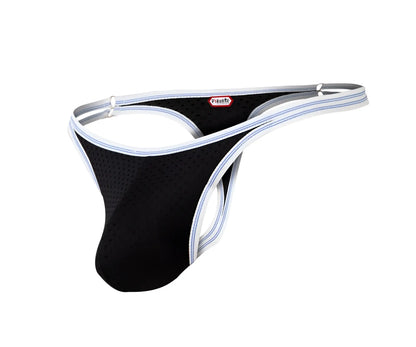 Black mesh Pikante PIK 0983 Novo thong with white and light blue striped trim and red dyknite label on waistband