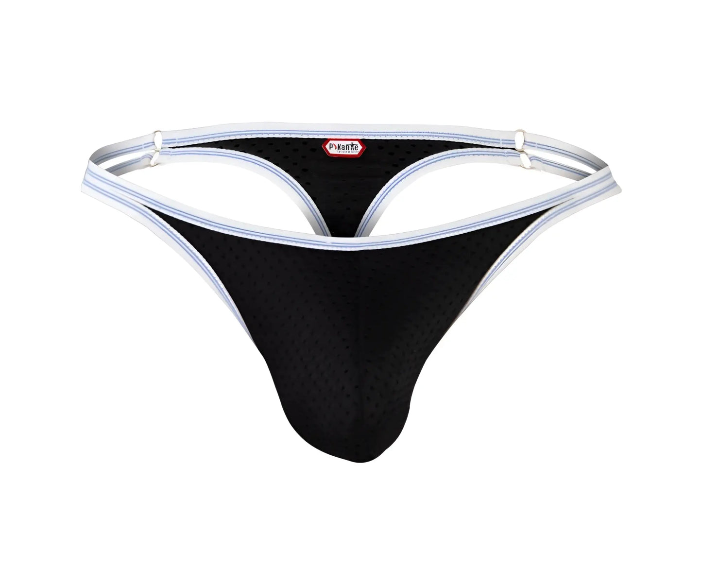 Black mesh thong with white trim and red pikante brand tag from pikante pik 0983 novo thongs collection