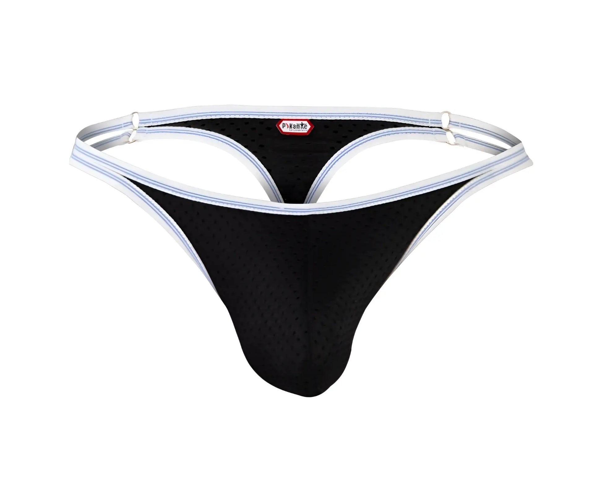 Black mesh thong with white trim and red pikante brand tag from pikante pik 0983 novo thongs collection
