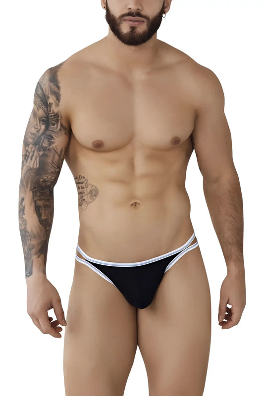 Black Pikante PIK 0983 Novo thong with white trim showing the back side in a sleek design