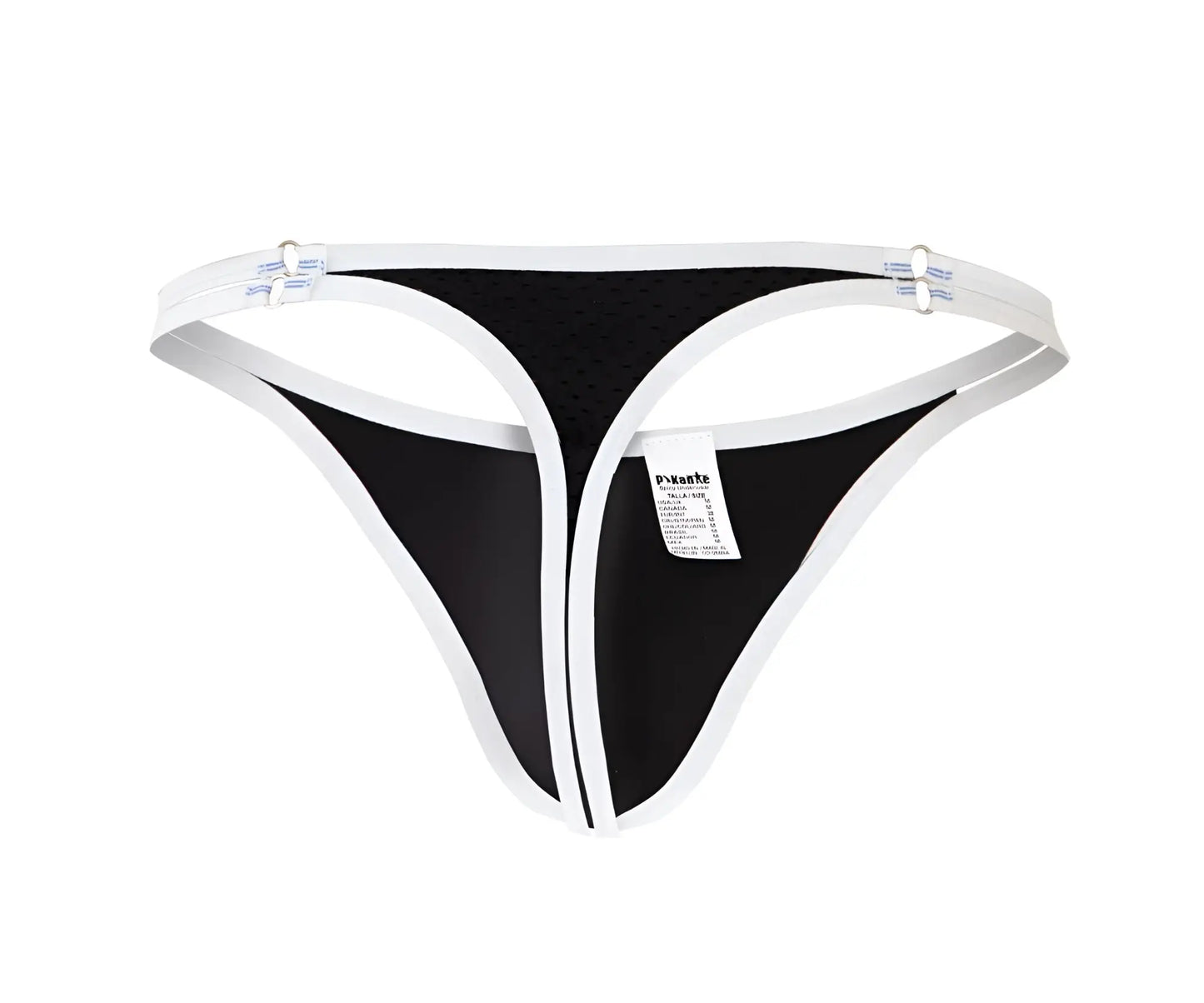 Black and white Pikante PIK 0983 Novo thong with mesh fabric, solid white trim, and adjustable elastic straps
