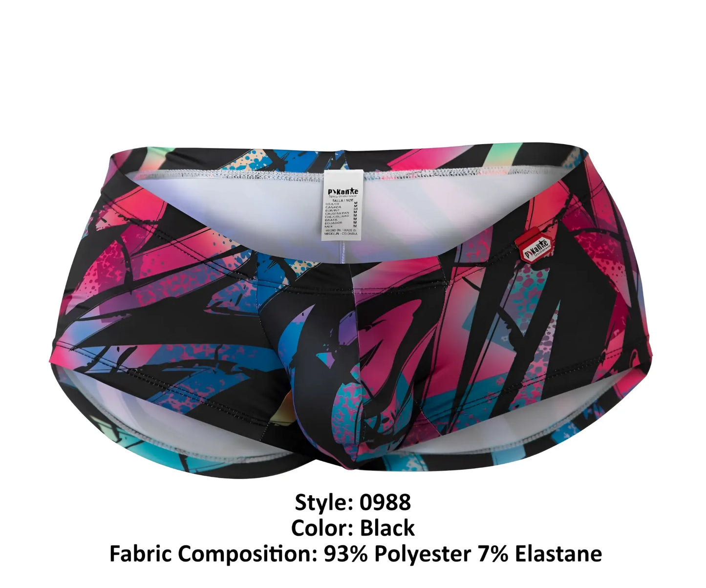 Black Pikante PIK 0988 Jartum swim trunks with vibrant pink blue and teal graffiti print perfect for beachwear