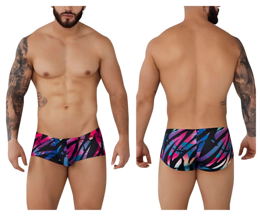 Pikante pik 0988 jartum trunks in vibrant abstract pink blue purple pattern on black base swimwear