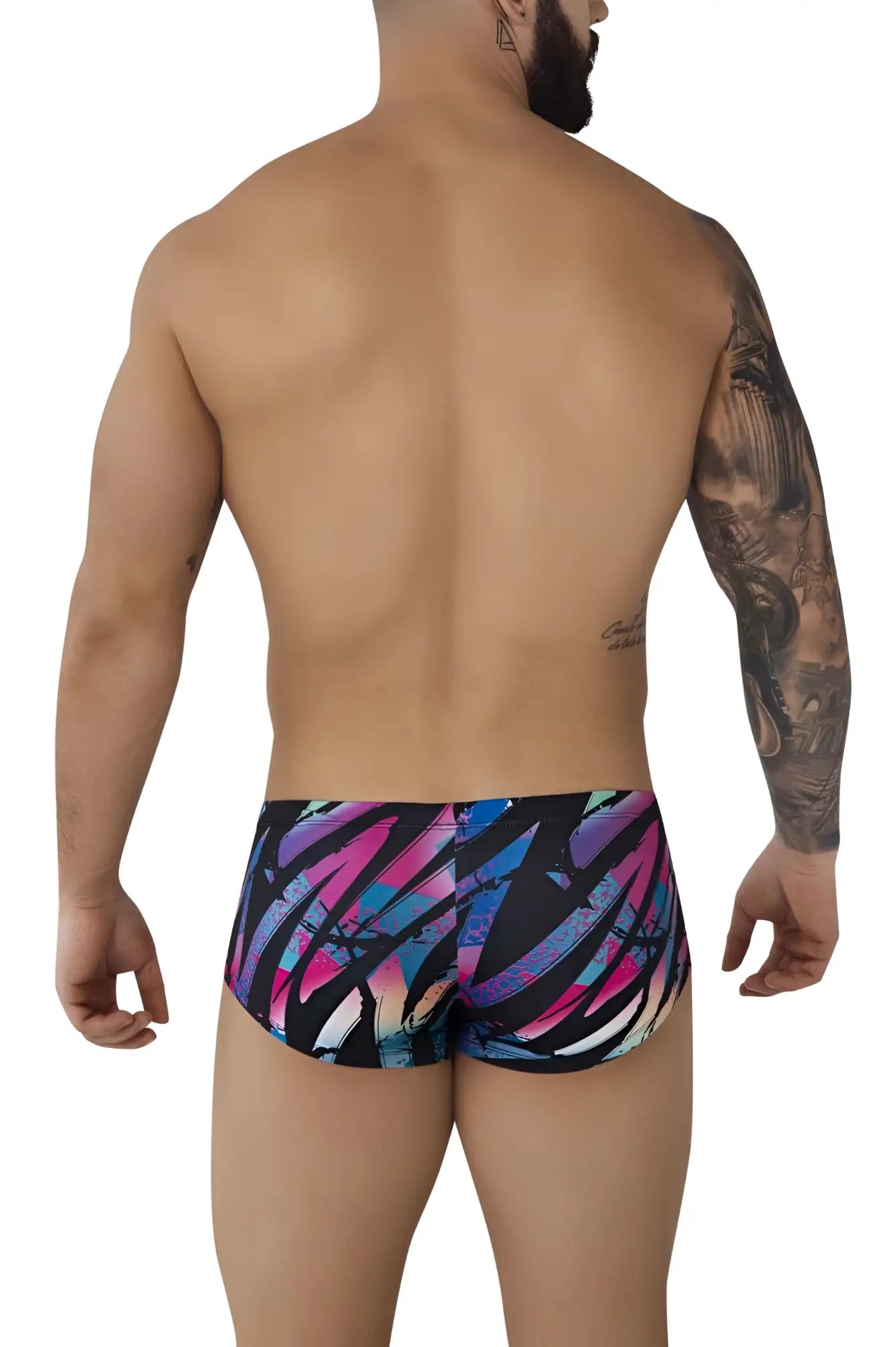 Pikante pik 0988 jartum trunks in vibrant pink blue and purple abstract patterns with black accents for swimwear