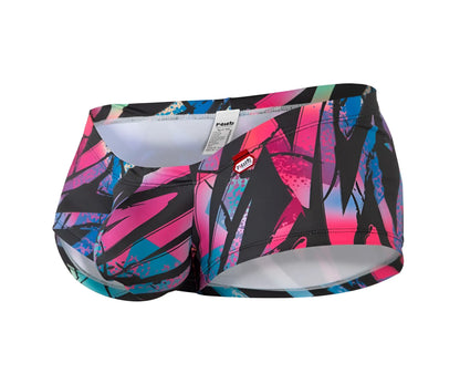 Vibrant graffiti-style pikante pik 0988 jartum swim trunks in bold pink blue and black with elastic waistband
