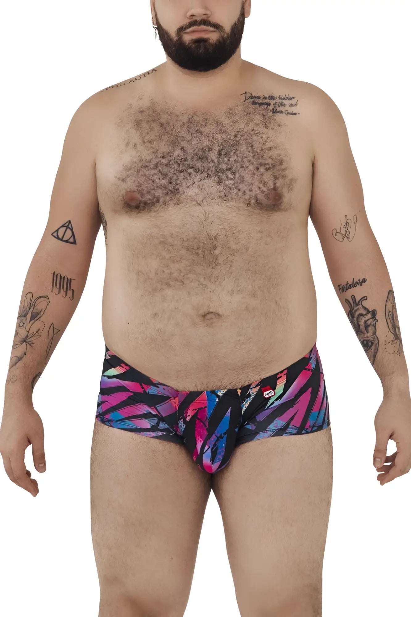 Pikante PIK 0988X Jartum trunks in black featuring vibrant multicolored feather pattern in pink blue and black