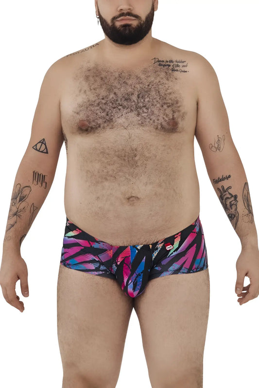 Pikante PIK 0988X Jartum trunks in black featuring vibrant multicolored feather pattern in pink blue and black