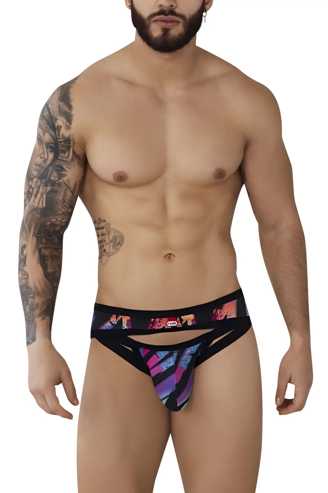 Pikante pik 0989 jartum briefs black with vibrant geometric purple pink and blue pattern on the front