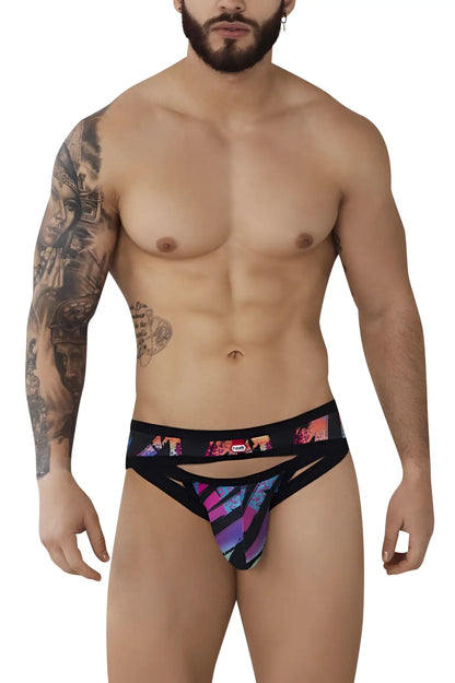 Pikante pik 0989 jartum briefs black with vibrant geometric purple pink and blue pattern on the front
