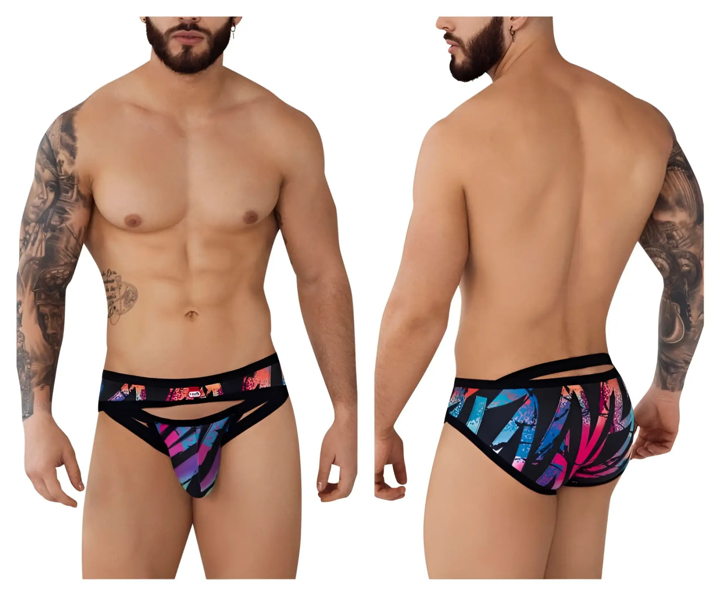 Pikante pik 0989 jartum briefs in vibrant multicolored abstract pattern with black trim and cut-out design